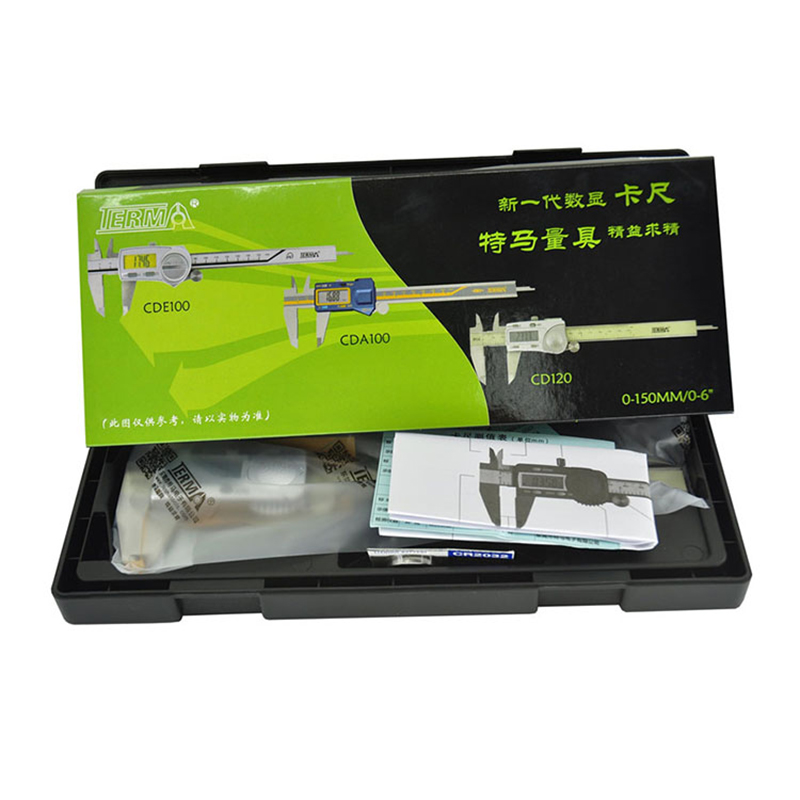 A Terma digital caliper in its open plastic case with the product packaging box in the background. A Terma digital caliper in its open plastic case with the product packaging box in the background.