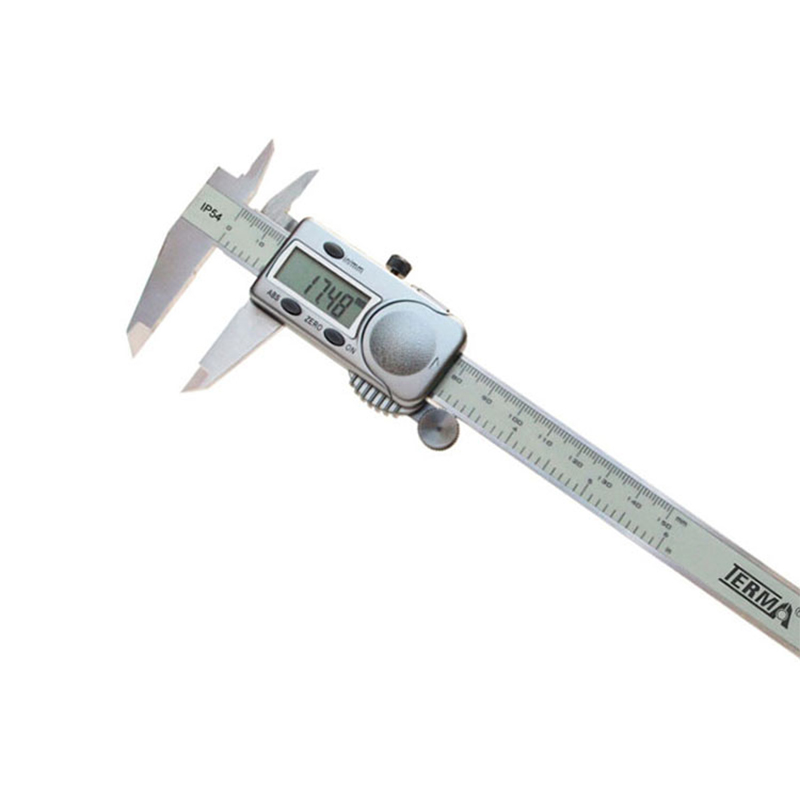 A digital caliper is angled, showing the screen with a reading of 17.48. The IP54 rating is visible. A digital caliper is angled, showing the screen with a reading of 17.48. The IP54 rating is visible.