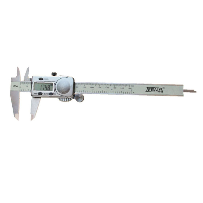 A digital caliper is shown horizontally with its jaws slightly open, displaying a measurement on the screen. A digital caliper is shown horizontally with its jaws slightly open, displaying a measurement on the screen.