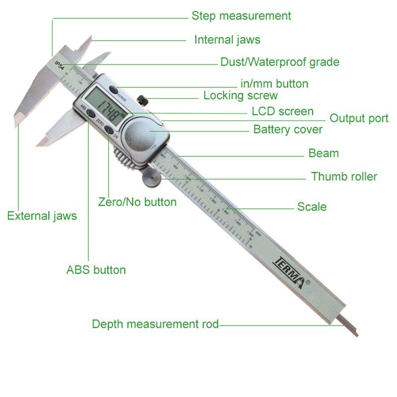 A digital caliper with labeled parts, including the LCD screen, jaws, buttons, and IP54 waterproof rating. A digital caliper with labeled parts, including the LCD screen, jaws, buttons, and IP54 waterproof rating.
