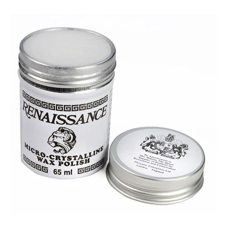 Renaissance Wax Polish 65ml jar open close up showing the white microcrystalline wax Renaissance Wax Polish 65ml jar open close up showing the white microcrystalline wax