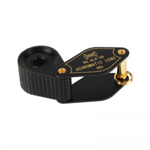 Alfa Mirage 30X loupe in an open, perspective view showing its achromatic lens and knurled grip.