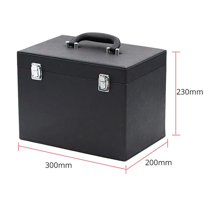 A protective heavy-duty black leatherette carrying case with silver metal latches, dimensioned at 300x200x230mm. A protective heavy-duty black leatherette carrying case with silver metal latches, dimensioned at 300x200x230mm.