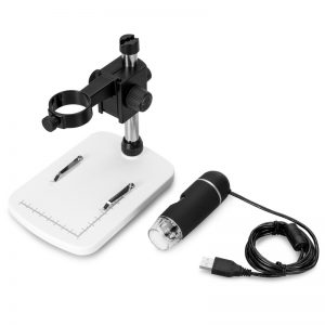 The black JYBS digital jewelry microscope pen unpacked next to its white professional detection stand and USB connection cord.