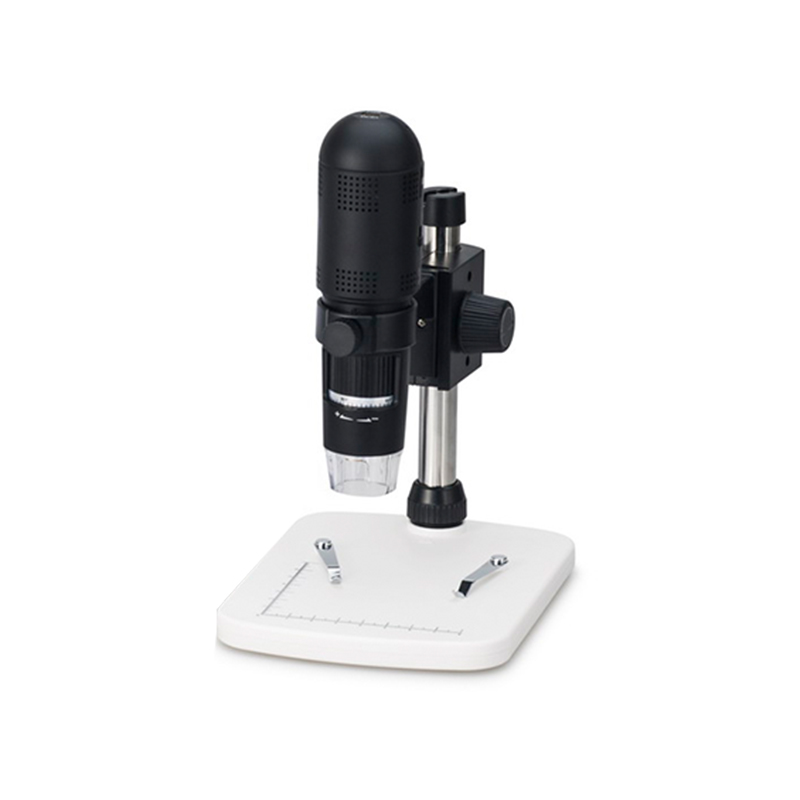 Direct front view of the JYBS hand-held digital microscope highlighting the clean vertical pillar column, adjusting knobs, and base tray grid lines. Direct front view of the JYBS hand-held digital microscope highlighting the clean vertical pillar column, adjusting knobs, and base tray grid lines.
