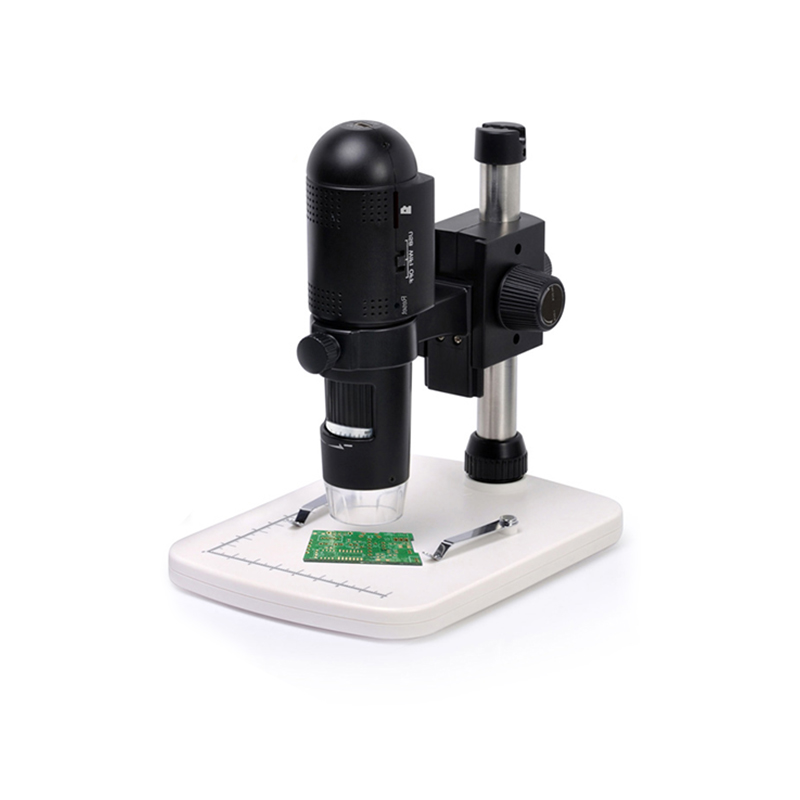 Front right oblique view of the JYBS digital microscope body clamped securely inside the vertical bracket tracking path of the stage. Front right oblique view of the JYBS digital microscope body clamped securely inside the vertical bracket tracking path of the stage.