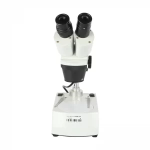 Frontal layout view of the JYBS gem microscope showing the circular stage plate and spring-loaded specimen clips.