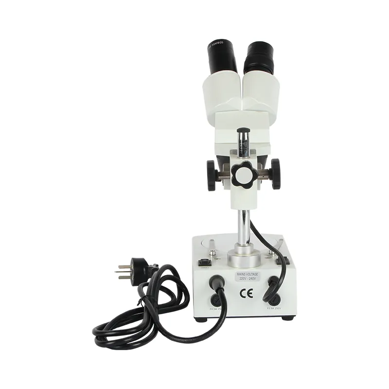 Direct rear view of the JYBS economy microscope showing the CE certification markings and dual fuse power connections. Direct rear view of the JYBS economy microscope showing the CE certification markings and dual fuse power connections.