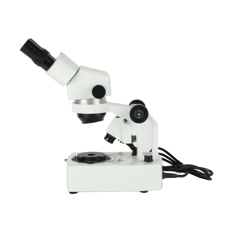 Direct side view illustrating the structural footprint, vertical pillar track mount, and compact baseline geometry of the JYBS microscope. Direct side view illustrating the structural footprint, vertical pillar track mount, and compact baseline geometry of the JYBS microscope.