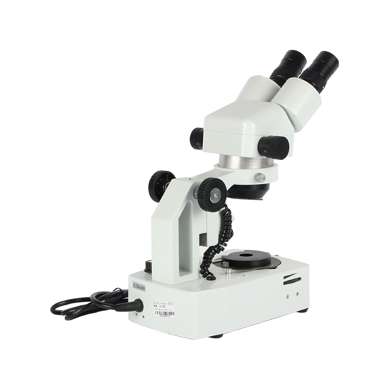 Rear oblique view of the JYBS gem microscope showing the heavy-duty AC power line connection, factory tracking label, and base switches. Rear oblique view of the JYBS gem microscope showing the heavy-duty AC power line connection, factory tracking label, and base switches.
