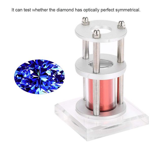 The red-shelled JYBS hearts and arrows scope shown next to a graphic template illustrating a perfectly symmetrical blue brilliant diamond cut pattern. The red-shelled JYBS hearts and arrows scope shown next to a graphic template illustrating a perfectly symmetrical blue brilliant diamond cut pattern.