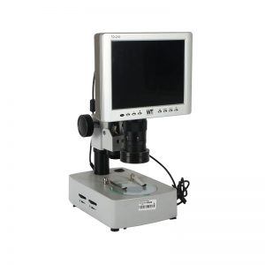 Front left view of the JYBS TD-290 integrated video microscope highlighting the adjustment knob and stage clips.