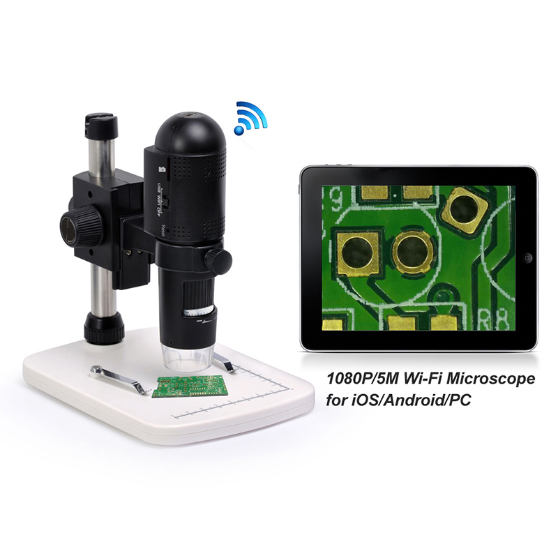 The JYBS WiFi digital microscope streaming a live 1080P high-resolution image of a green PCB trace surface onto a tablet screen. The JYBS WiFi digital microscope streaming a live 1080P high-resolution image of a green PCB trace surface onto a tablet screen.