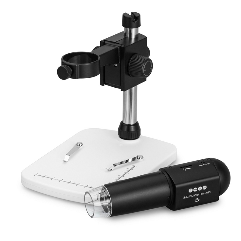 The black JYBS wireless digital microscope barrel displayed flat next to its white adjustable metal pillar stand assembly. The black JYBS wireless digital microscope barrel displayed flat next to its white adjustable metal pillar stand assembly.