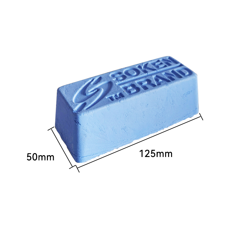 A bar of Soken Blue Polishing Compound with its length (125mm) and width (50mm) labeled A bar of Soken Blue Polishing Compound with its length (125mm) and width (50mm) labeled