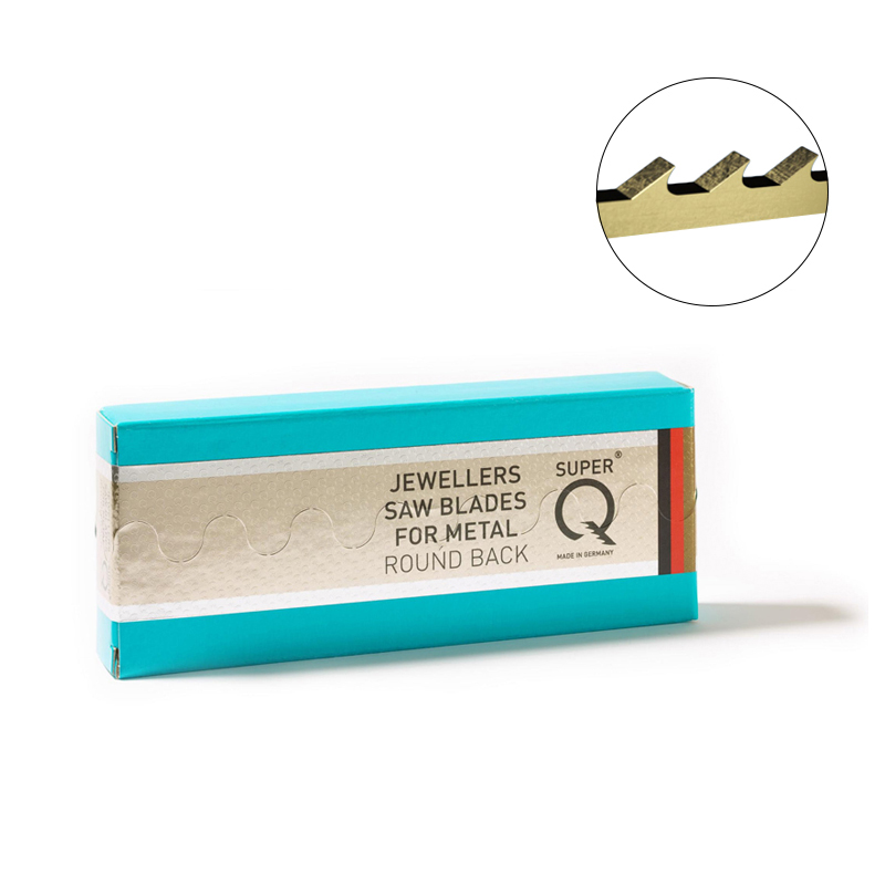 Blue and gold box of NIQUA Super Q jeweler's saw blades for metal, with a magnified inset of the blade teeth. Blue and gold box of NIQUA Super Q jeweler's saw blades for metal, with a magnified inset of the blade teeth.