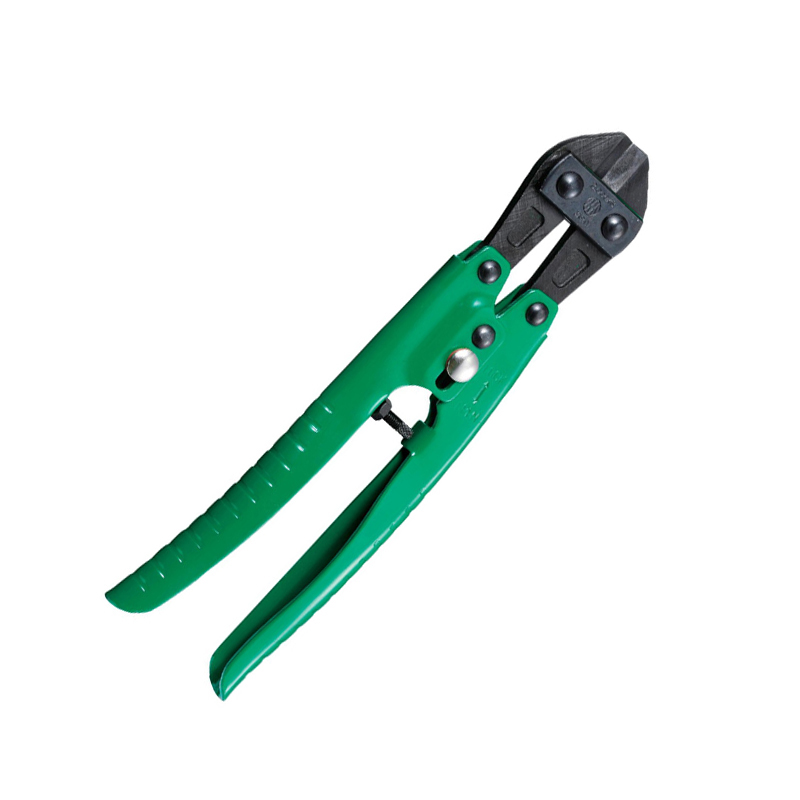 Angled view of the green-handled 3.Peaks GC-200 cutting plier, black jaw, white background. Angled view of the green-handled 3.Peaks GC-200 cutting plier, black jaw, white background.