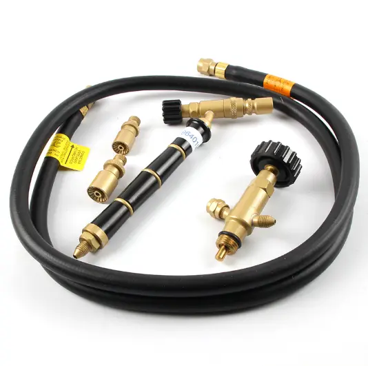 Orca M75 CRD LPG torch kit components: black hose, gold/black handpiece, regulator, two brass tips.