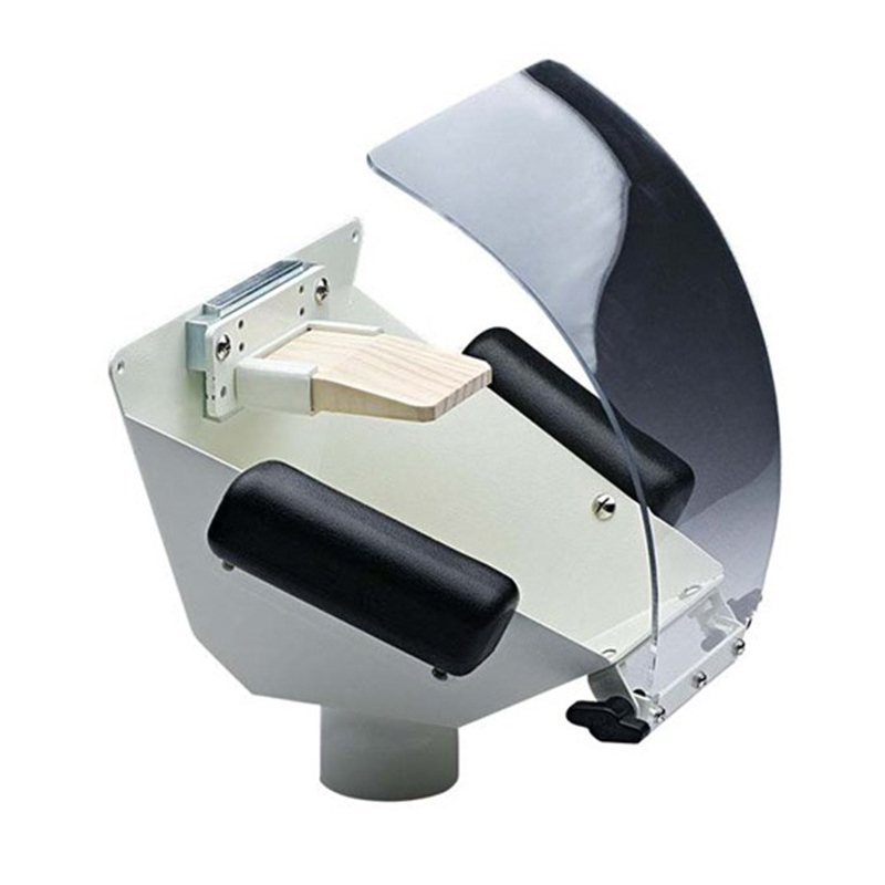 Angled view of Foredom Fishmouth Dust Collector with bench pin, armrests, and curved clear dust shield. Angled view of Foredom Fishmouth Dust Collector with bench pin, armrests, and curved clear dust shield.
