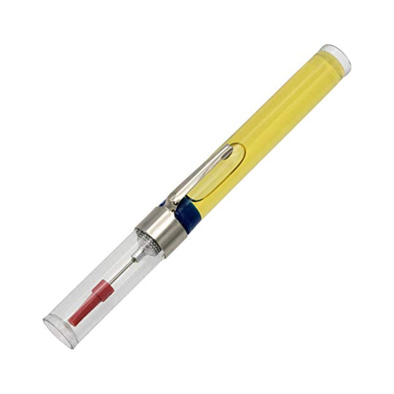 Angled view of Foredom MS10005 Precision Oiler with metal clip, containing yellow oil. Angled view of Foredom MS10005 Precision Oiler with metal clip, containing yellow oil.