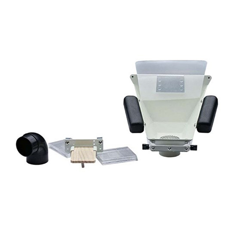 Foredom Fishmouth Dust Collector disassembled: main unit, bench pin assembly, clear shields, and hose adapter. Foredom Fishmouth Dust Collector disassembled: main unit, bench pin assembly, clear shields, and hose adapter.