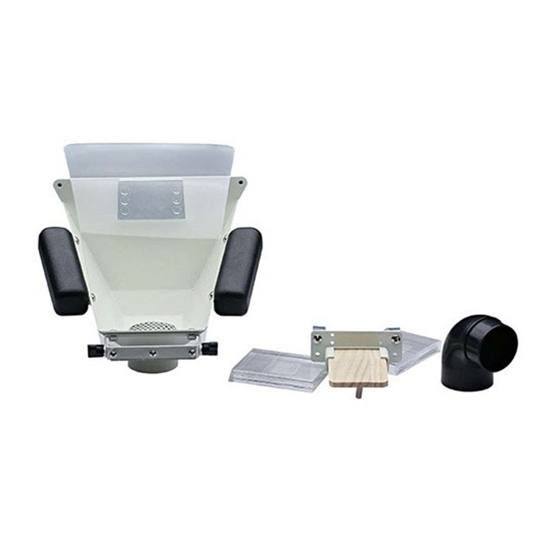 Foredom Fishmouth Dust Collector main unit with armrests, bench pin assembly, clear shields, and black hose elbow. Foredom Fishmouth Dust Collector main unit with armrests, bench pin assembly, clear shields, and black hose elbow.