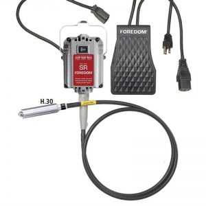 Foredom K.8301 SR Flex Shaft Machine Kit showing the motor, speed control foot pedal, and H.30 handpiece.