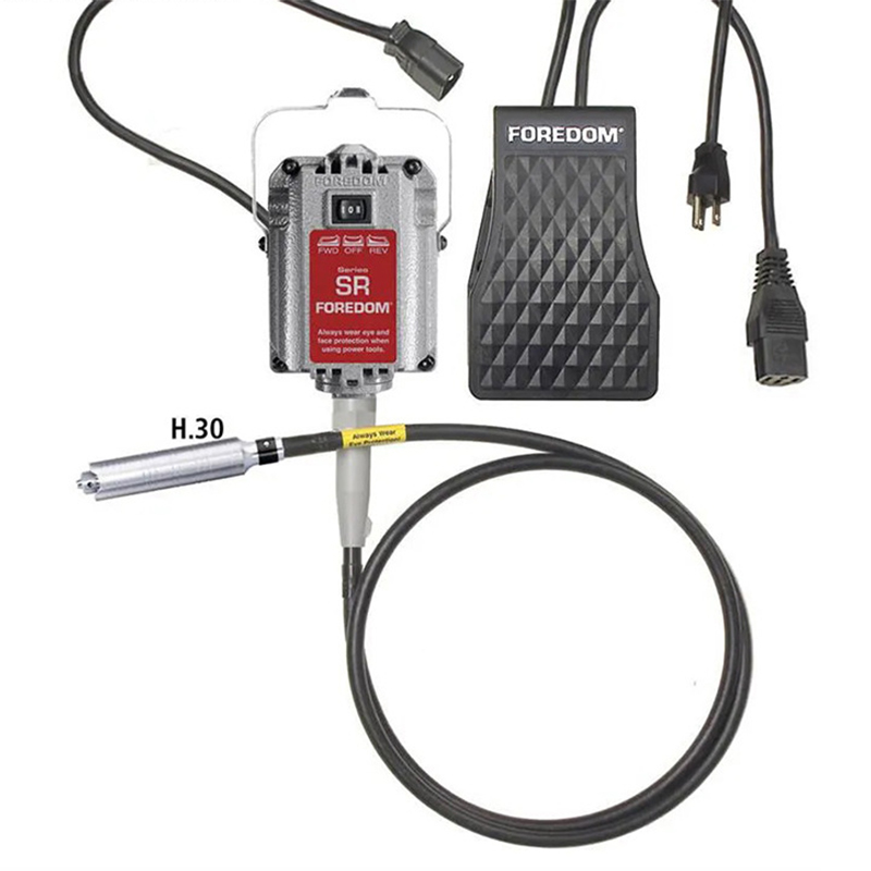 Foredom K.8301 SR Flex Shaft Machine Kit showing the motor, speed control foot pedal, and H.30 handpiece. Foredom K.8301 SR Flex Shaft Machine Kit showing the motor, speed control foot pedal, and H.30 handpiece.