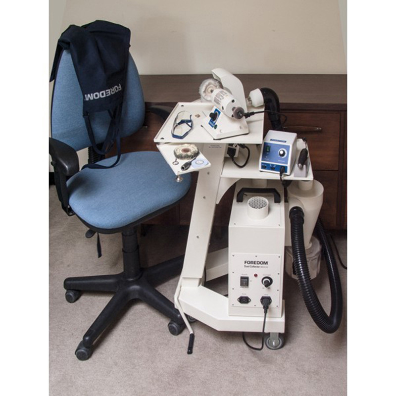 Foredom MADC20 Dust Collector on a mobile stand next to a chair with bench lathe and control box Foredom MADC20 Dust Collector on a mobile stand next to a chair with bench lathe and control box