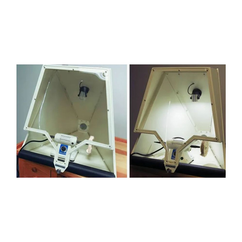 Foredom MALC30 Jumbo Work Chamber containing a bench top polisher with dual spindle buffing wheels.