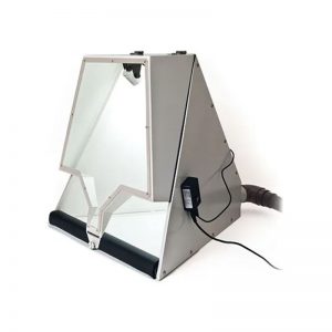 Foredom MALC30 Jumbo Work Chamber, side perspective showing dust hose attachment and power supply.