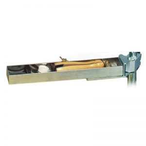 Foredom Tray Arm with 2 movable partitions a shallow metal tray holding a wooden handle tool and small items