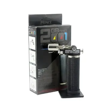 PRINCE® GB 2001 Piezo Torch Micro Butane Burner with black grip and stand displayed next to its black packaging