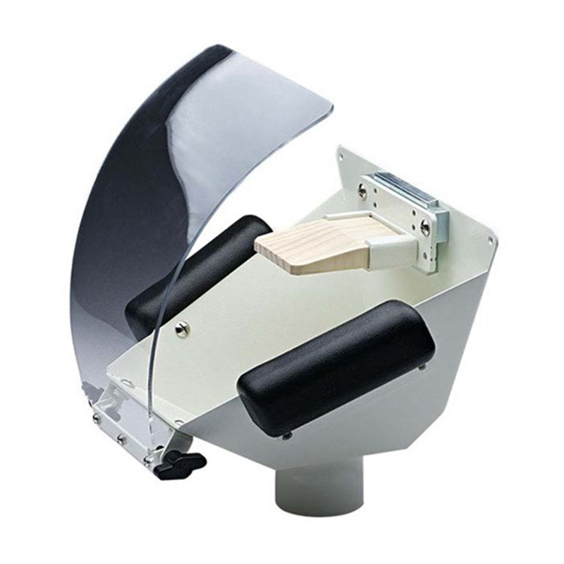 Side view of Foredom Fishmouth Dust Collector showing bench pin, armrests, and large, curved protective shield. Side view of Foredom Fishmouth Dust Collector showing bench pin, armrests, and large, curved protective shield.