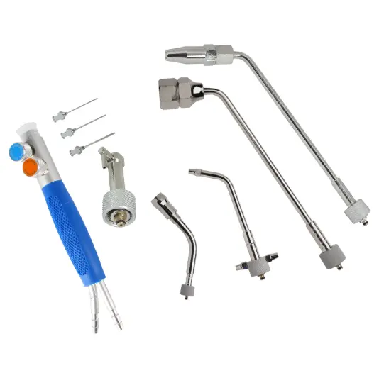 Stuccler Micro Casting Torch 6pc Set: Blue handle body, connector, 2 fine tips, 3 large angled heads.