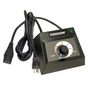 The Foredom C.EMX-2 230V table top dial speed controller for flex shaft motors, shown with coiled power cords.