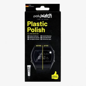 A PolyWatch Plastic Polish Kit in its packaging, with a tube of polish, a polishing cloth, and an electronic watch used for demonstration.