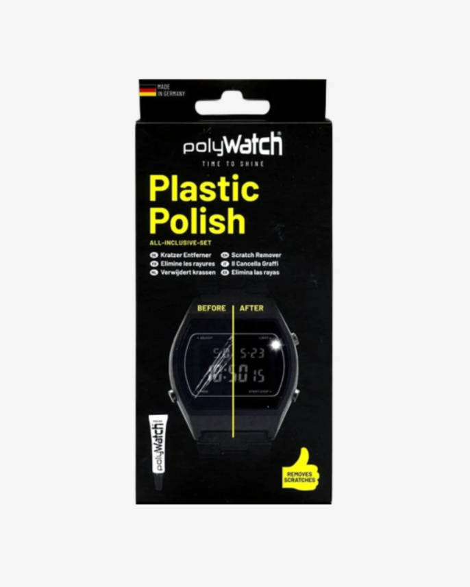 A PolyWatch Plastic Polish Kit in its packaging, with a tube of polish, a polishing cloth, and an electronic watch used for demonstration. A PolyWatch Plastic Polish Kit in its packaging, with a tube of polish, a polishing cloth, and an electronic watch used for demonstration.