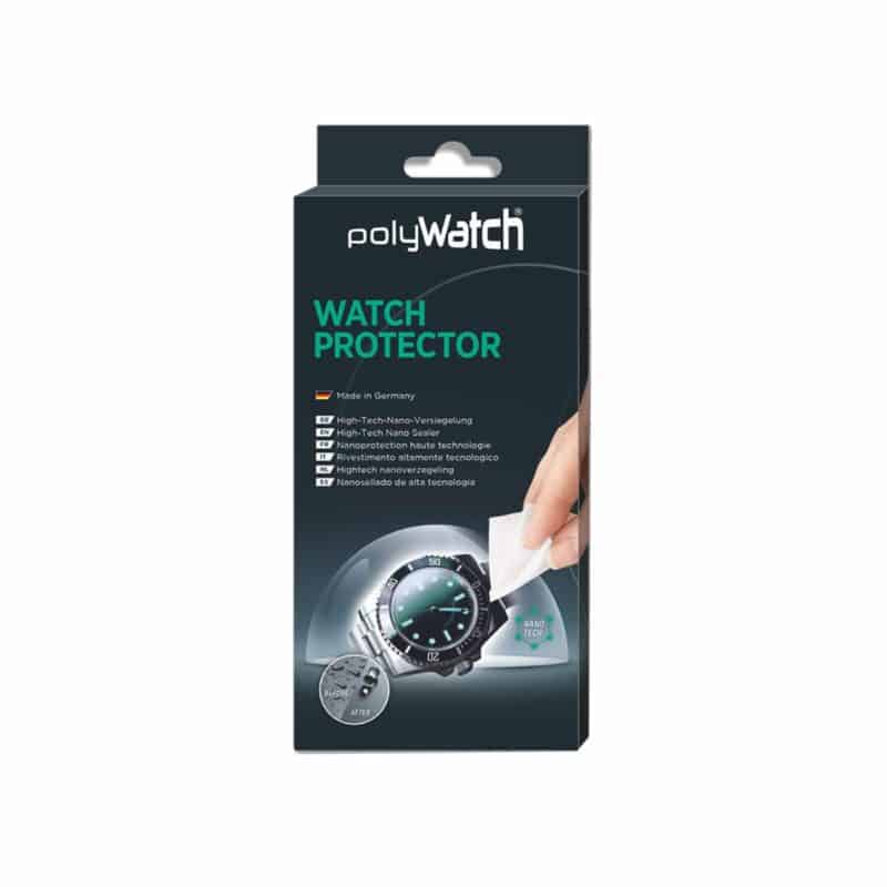 A retail box for the PolyWatch WATCH PROTECTOR kit, featuring a graphic of a watch being treated with a wipe. A retail box for the PolyWatch WATCH PROTECTOR kit, featuring a graphic of a watch being treated with a wipe.