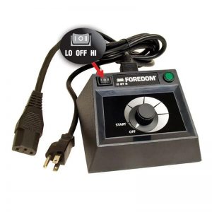 Angled view of Foredom C.EMHF-2 230V Dual Speed Table Control, with cables and focus on the speed range switch.