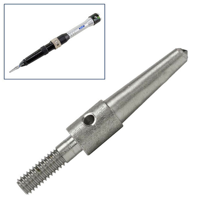 Close-up of a Foredom Pave Point Tip, a large metal cone with a threaded end, with an engraving tool inset. Close-up of a Foredom Pave Point Tip, a large metal cone with a threaded end, with an engraving tool inset.