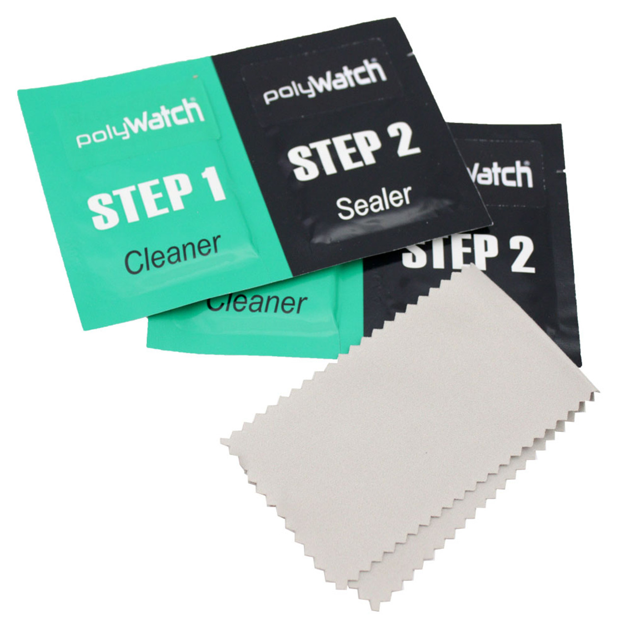 Close-up of the PolyWatch WATCH PROTECTOR kit contents: green Step 1 Cleaner and black Step 2 Sealer sachets, and a gray cleaning cloth. Close-up of the PolyWatch WATCH PROTECTOR kit contents: green Step 1 Cleaner and black Step 2 Sealer sachets, and a gray cleaning cloth.