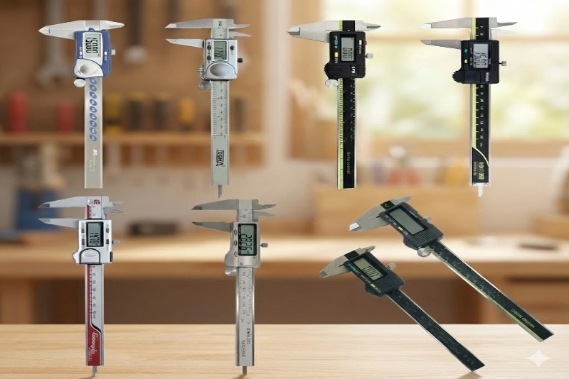 collection of seven different digital calipers with lcd screens for precision measuring