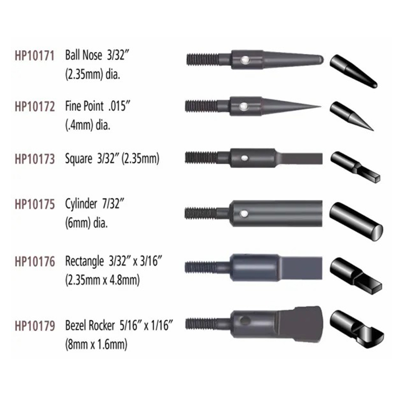 Foredom AK101 Threaded Anvil Points 6 Kit diagram with Ball Nose, Fine Point, Square, Cylinder, Rectangle, Bezel Rocker. Foredom AK101 Threaded Anvil Points 6 Kit diagram with Ball Nose, Fine Point, Square, Cylinder, Rectangle, Bezel Rocker.