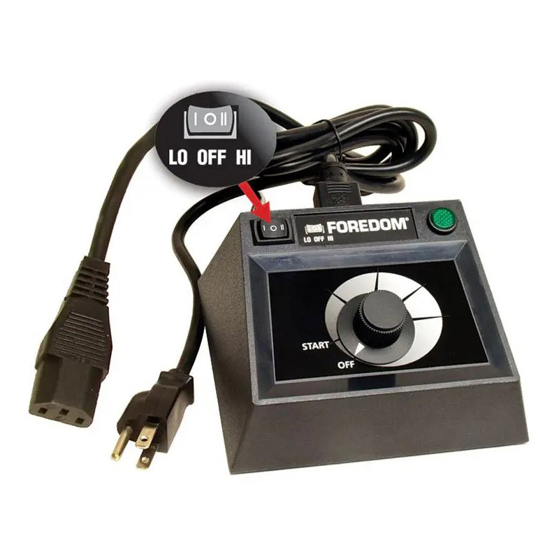 Foredom C.EMHF-2 230V Dual Speed Table Control, showing HI/LO switch detail and main power cords for flex shaft system. Foredom C.EMHF-2 230V Dual Speed Table Control, showing HI/LO switch detail and main power cords for flex shaft system.