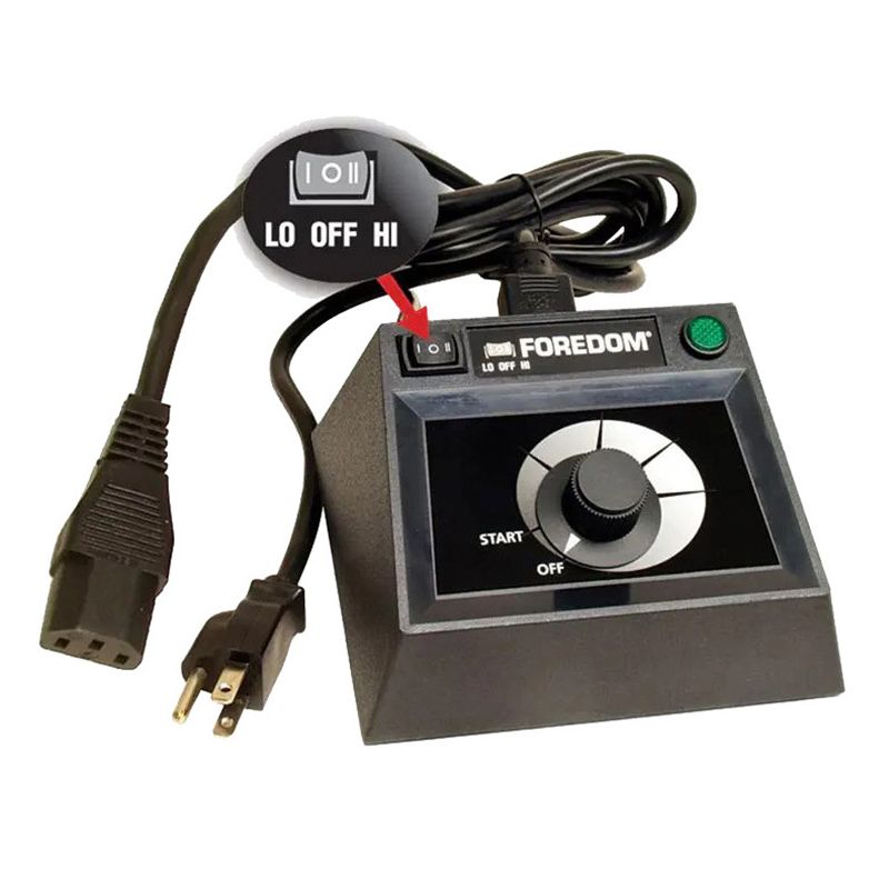 Foredom C.EMHF-2 Dual Speed Table Control for flex shaft motors, with close-up of the LO/OFF/HI range switch. Foredom C.EMHF-2 Dual Speed Table Control for flex shaft motors, with close-up of the LO/OFF/HI range switch.