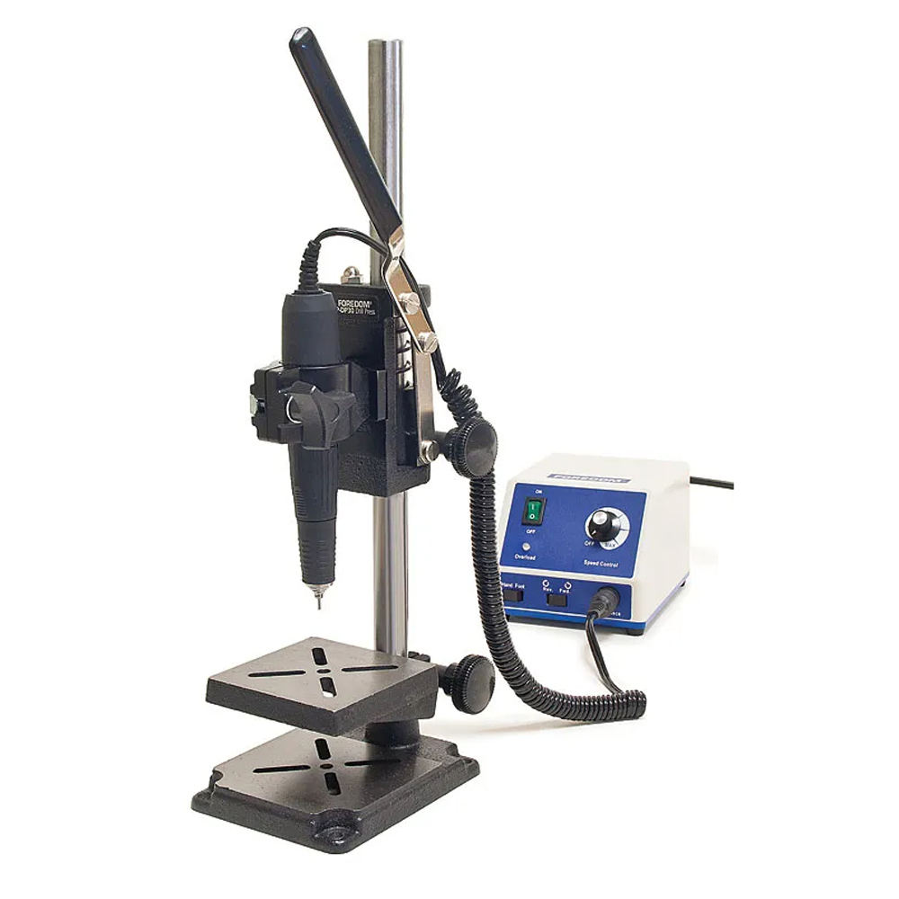 Foredom P-DP70 Drill Press Stand with a micromotor handpiece and speed control box, assembled for precision drilling. Foredom P-DP70 Drill Press Stand with a micromotor handpiece and speed control box, assembled for precision drilling.
