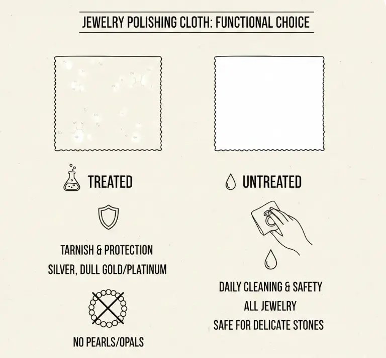 Treated cloths for tarnish (silver/platinum); untreated cloths for daily cleaning and delicate stones.