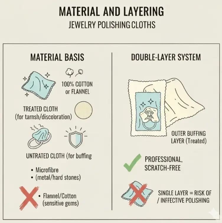 Material guide: Cotton/Flannel for treated; Microfibre for buffing. Always use a double-layer system for safety.