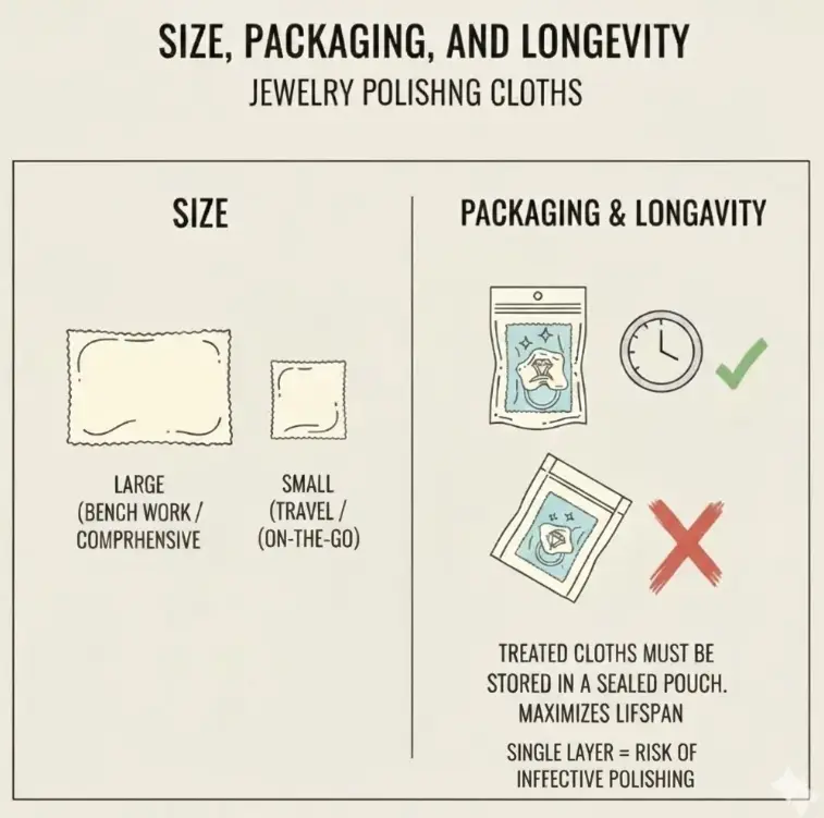 Polishing cloth size and packaging. Large for comprehensive work, small for travel. Seal treated cloths for max lifespan.